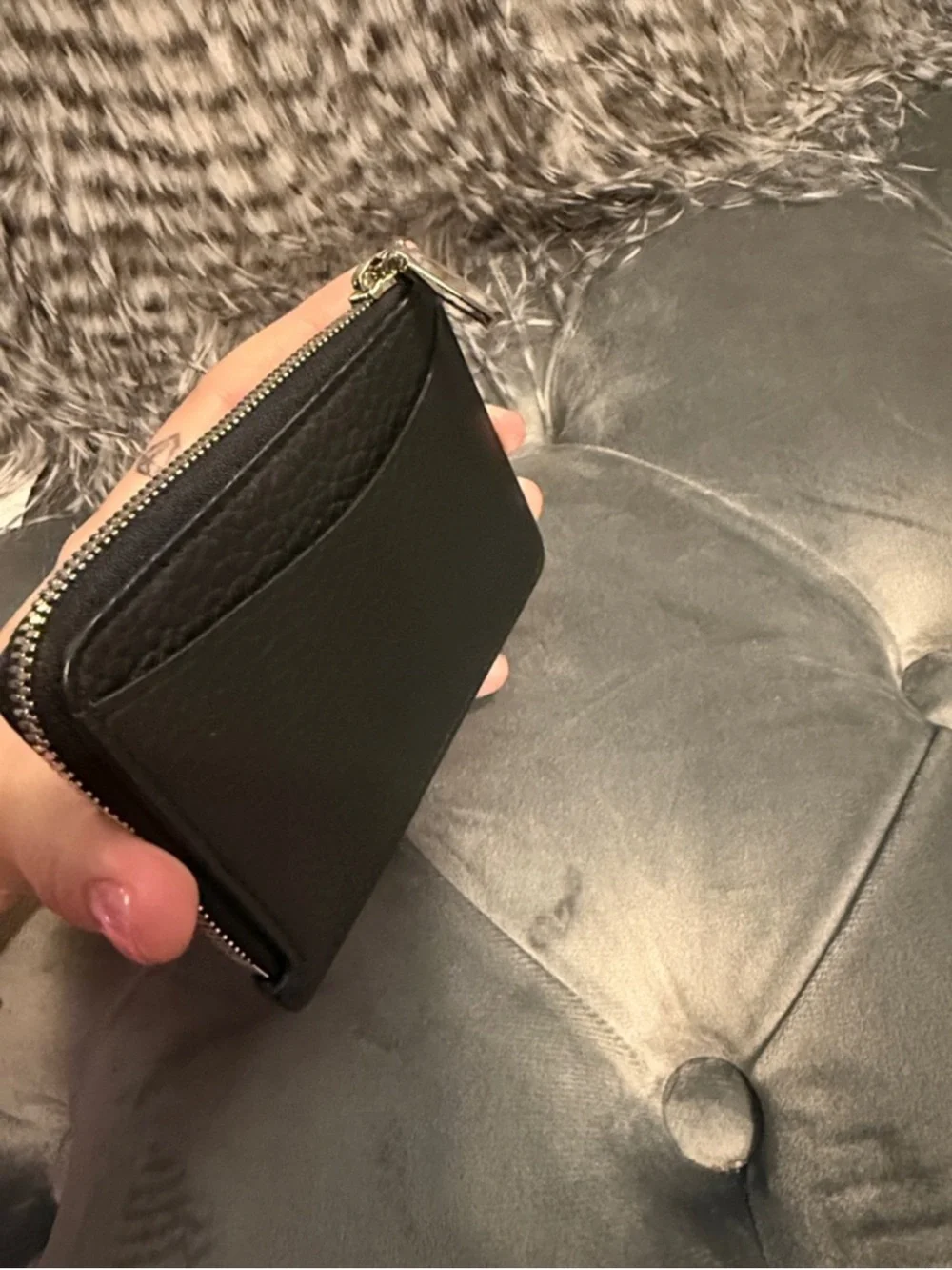 Tiffany & Co. Black Pebbled Leather Zip Card Case with Logo Emboss
